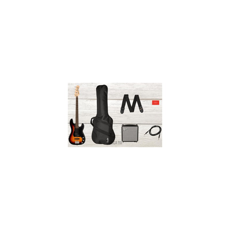 Squier Affinity Series Precision Bass PJ, 3-Color Sunburst, Gig Bag, Rumble 15 - 120V, Pack